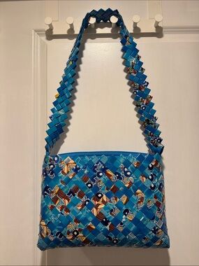 Handwoven Blue Recycled Shoulder Bag - Eco Chic Tote